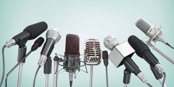 Various microphones aligned at press conference.