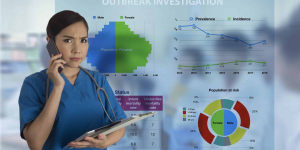 Female doctor look so serious while talking on mobile phone with health statistics tables and charts on background.